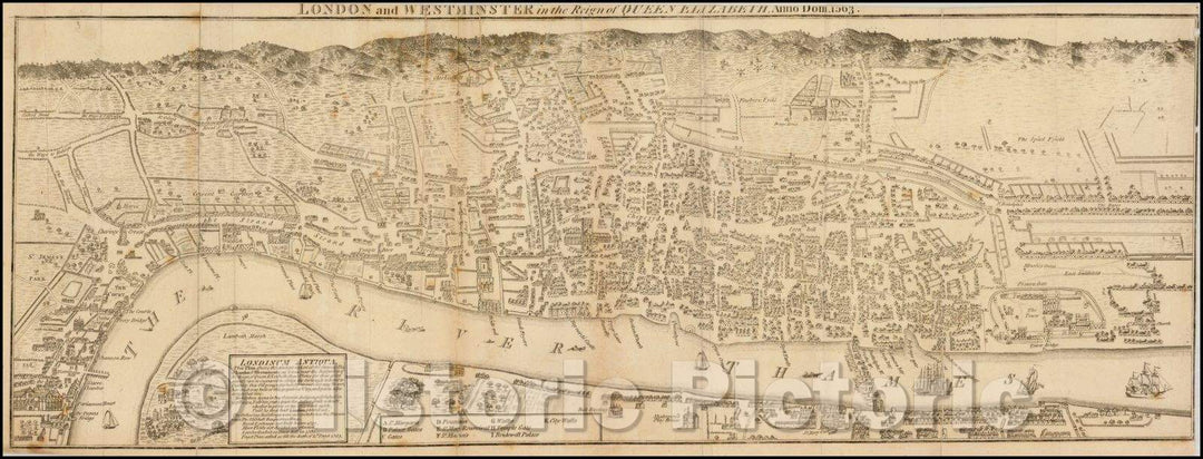 Historic Map - London and Westminster in the Reign of Queen Elizabeth, Anno. Dom. 1563, 1780, S.I. Neele - Vintage Wall Art