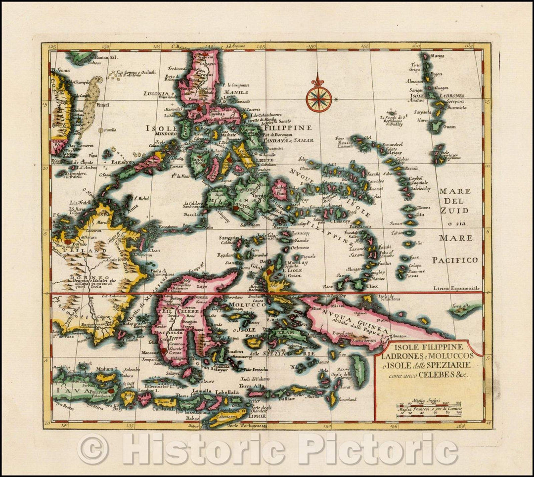 Historic Map - Isole Filippine, Ladrones, e Moluccos o Isole della Speziarie come :: Southeast Asia, from he Second Italian edition of Thomas Salmon's, 1740 - Vintage Wall Art