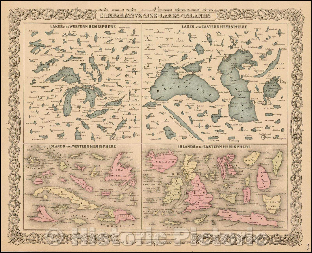 Historic Map - Comparative Size of Lakes and Islands [Great Lakes, Cuba, Formosa, Ireland, Sicily, Cyprus, Vancouver, Sandwich Islands, Puerto Rico, Corsica, 1859 v2