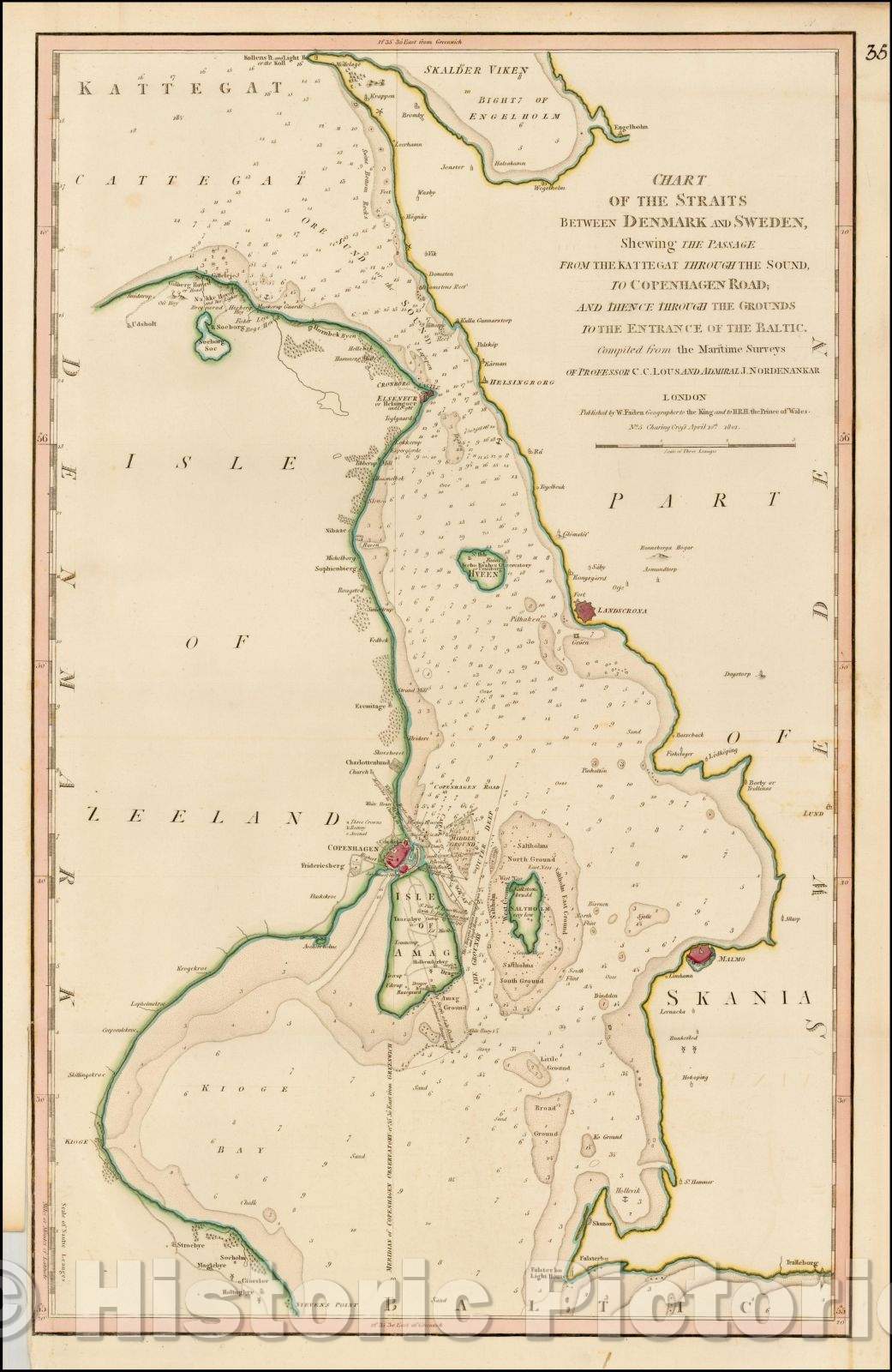 Historic Map - Chart of the Straits Between Denmark and Sweden, Shewing The Passage From the Kattegat Through the Sound, To Copenhagen Road, 1801, William Faden - Vintage Wall Art