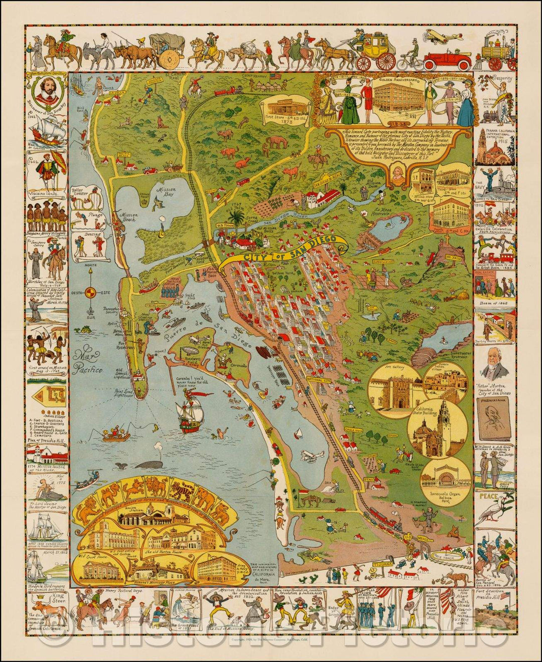 Historic Map - This limned Carte portraying with most exacting fidelity the History, Romance and Humour of the glorious City of San Diego, 1928, Jo Mora v1