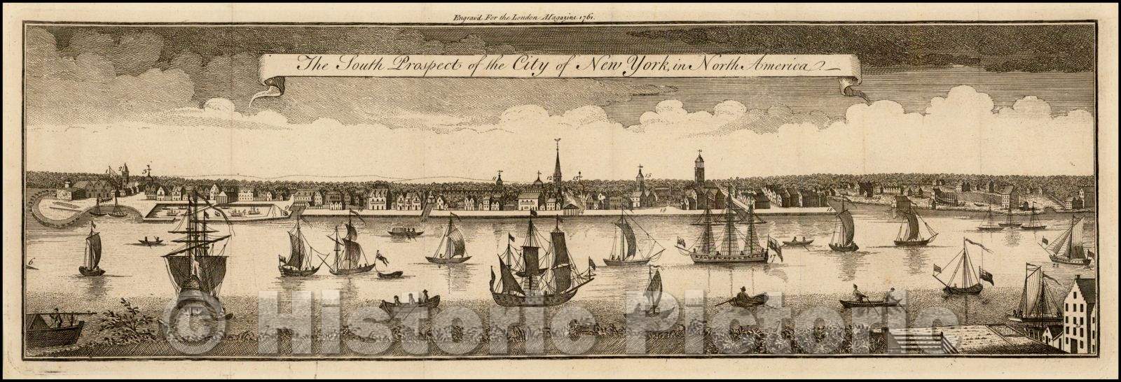 Historic Map - The South Prospect of the City of New York, in North America, 1761, London Magazine - Vintage Wall Art