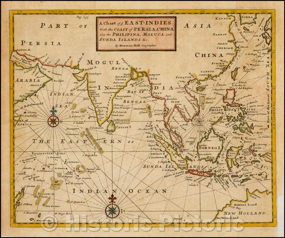 Historic Map - A Chart of ye East-Indies. With the Coast of Persia, China also the Philipina, Moluca and Sunda Islands, 1745, Herman Moll v2