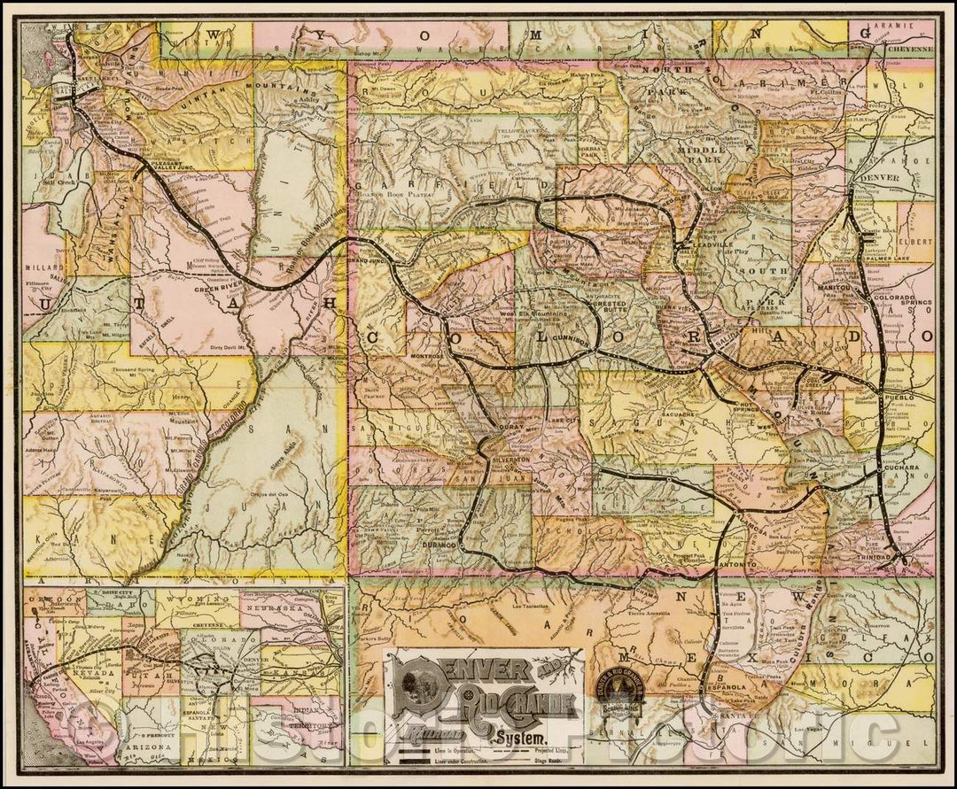 Historic Map - Denver and Rio Grande Railroad System, 1885, Denver & Rio Grande RR - Vintage Wall Art