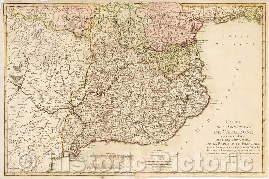 Historic Map - Carte de la Principaute de Catalogne, Dressee Par H. Jaillot/Map of Catalonia and contiguous parts of Spain and the Pyrennes, 1793 - Vintage Wall Art