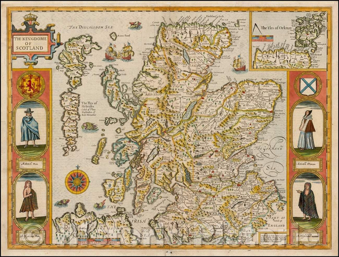 Historic Map - The Kingdome of Scotland, 1676, John Speed - Vintage Wall Art