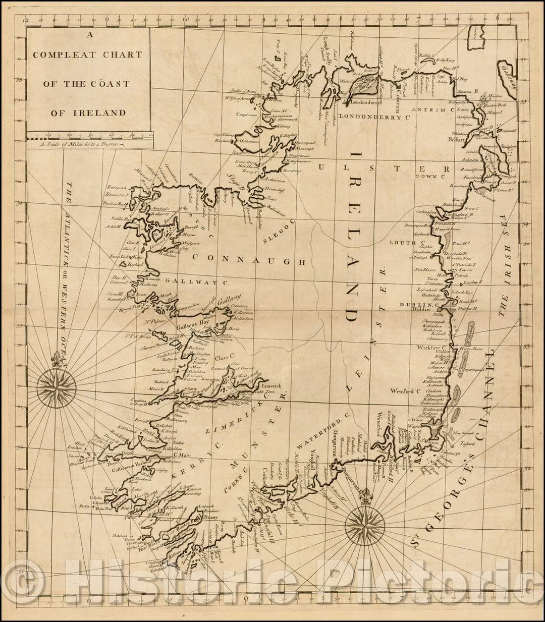 Historic Map - A Compleat Chart of the Coast of Ireland, 1728, John Senex - Vintage Wall Art