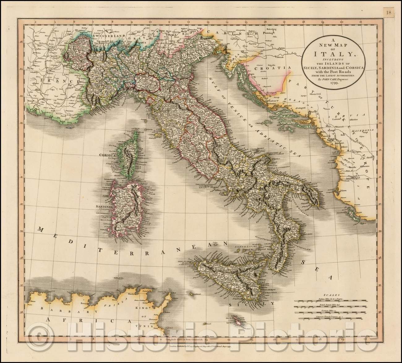 Historic Map - Italy, Including The Islands of Sicily, Sardinia and Corsica, with the Post Roads, 1799, John Cary v1