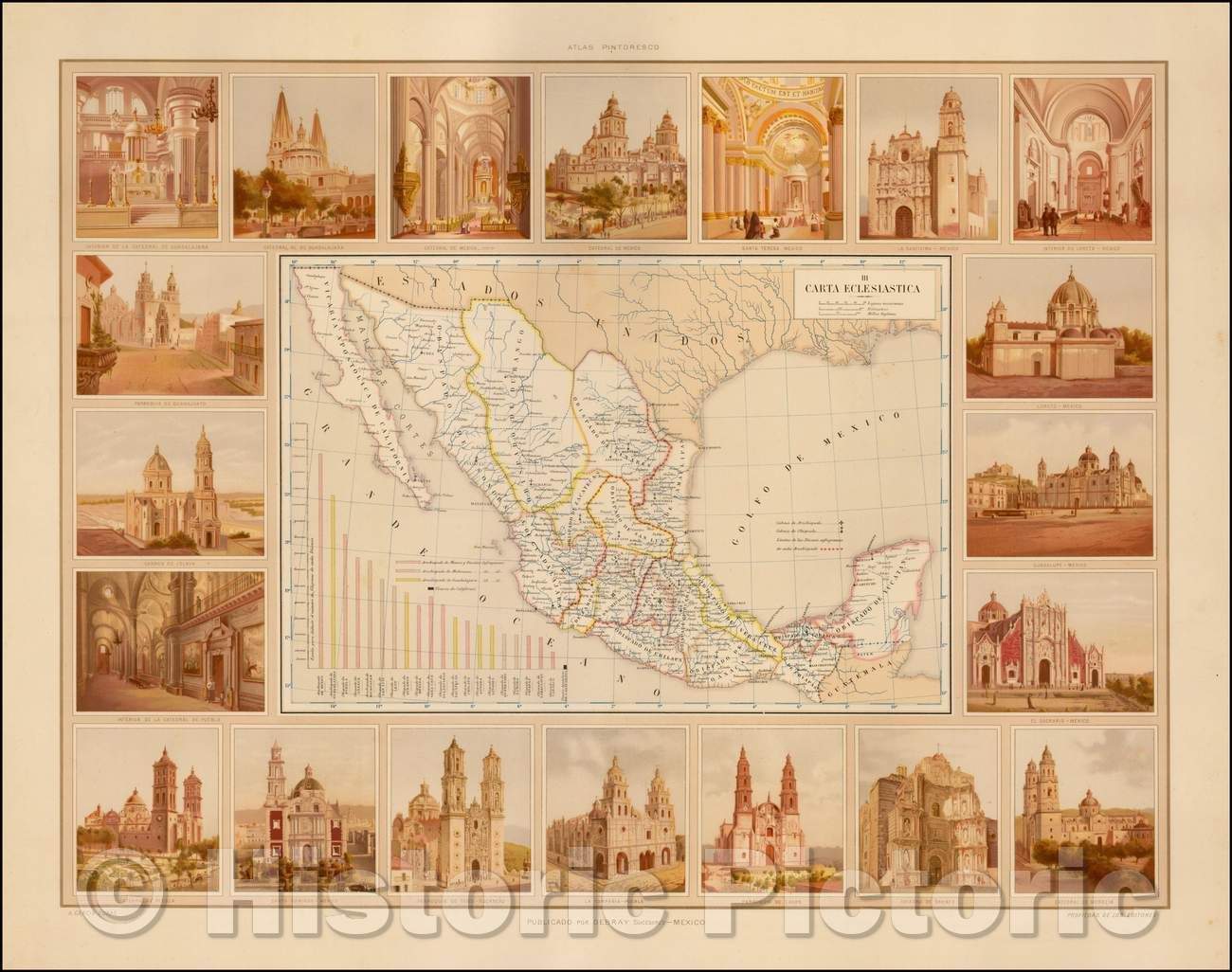 Historic Map - III Carta Eclesiastica/Map of Mexico, depicting famous churches in Mexico, 1885, Antonio Garcia y Cubas - Vintage Wall Art