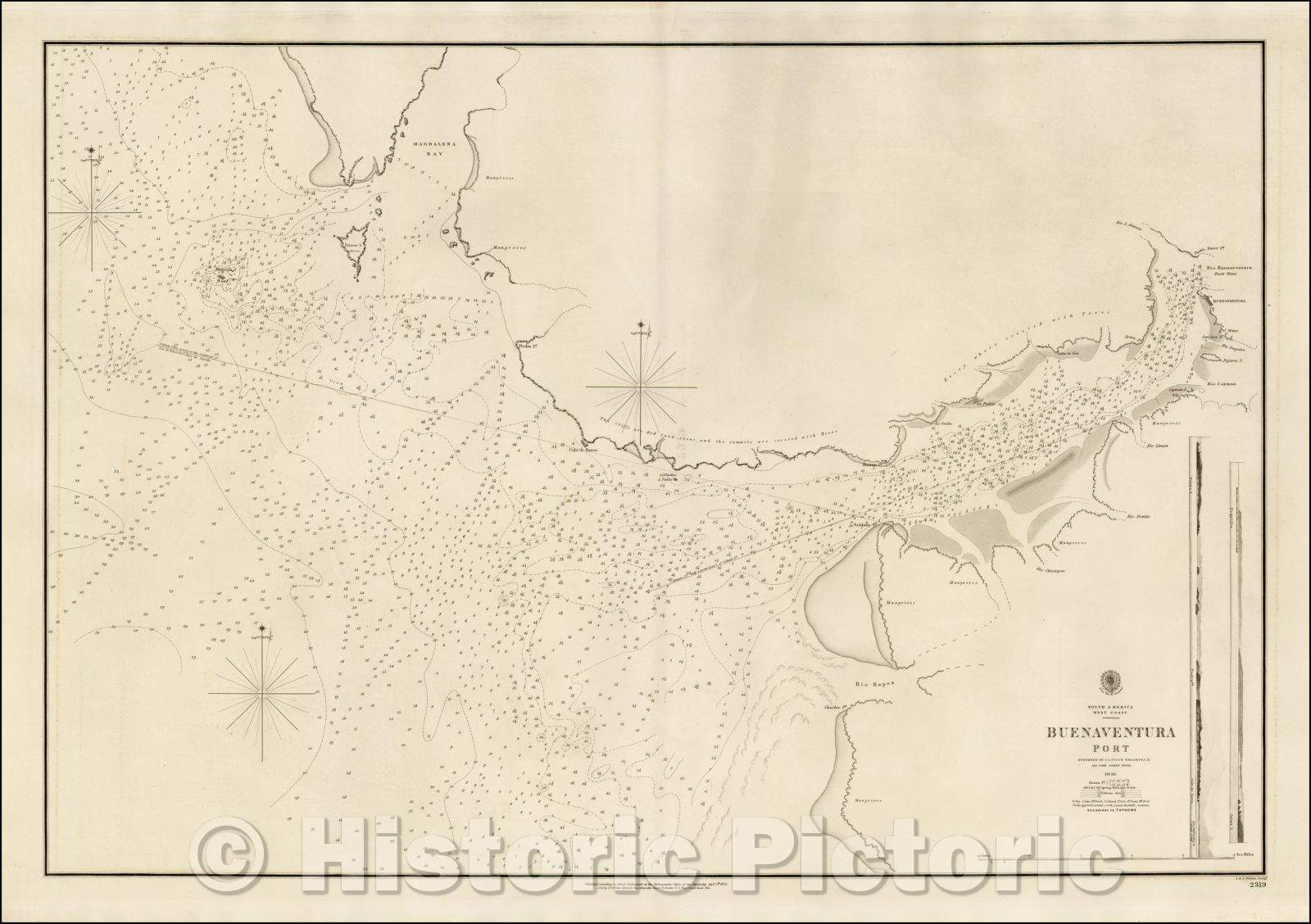 Historic Map - Colombia, Buenaventura Port Surveyed, 1854, British Admiralty - Vintage Wall Art