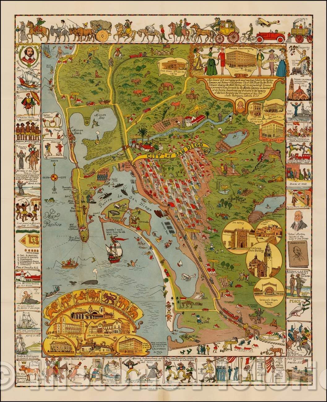 Historic Map - This limned Carte portraying with most exacting fidelity the History, Romance and Humour of the glorious City of San Diego, 1928, Jo Mora v2