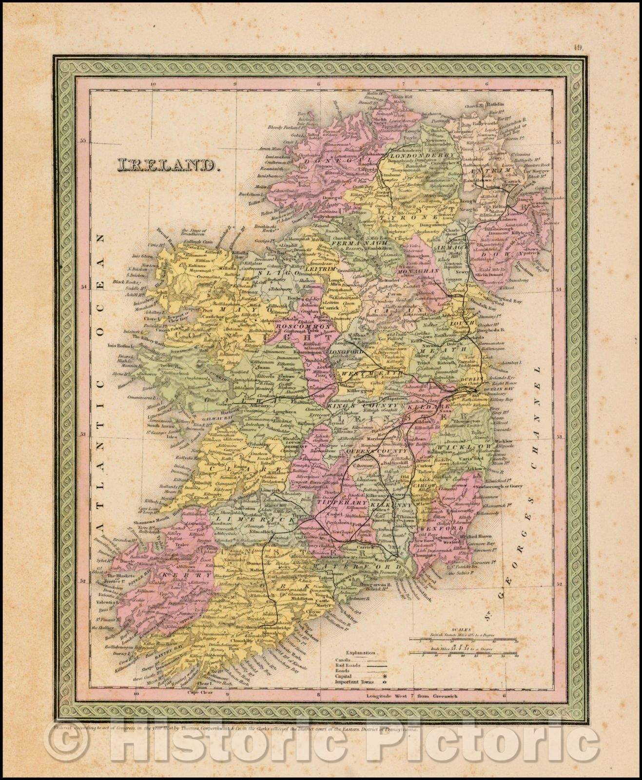 Historic Map - Ireland, 1850, Thomas, Cowperthwait & Co. - Vintage Wall Art