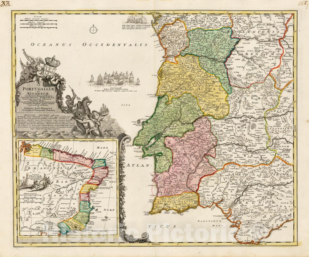 Historic Map - Portugalliae et Algarbiae/Homann Map of Portugal with a large inset of Brazil, showing its 12 captaincies, 1720, Johann Baptist Homann - Vintage Wall Art