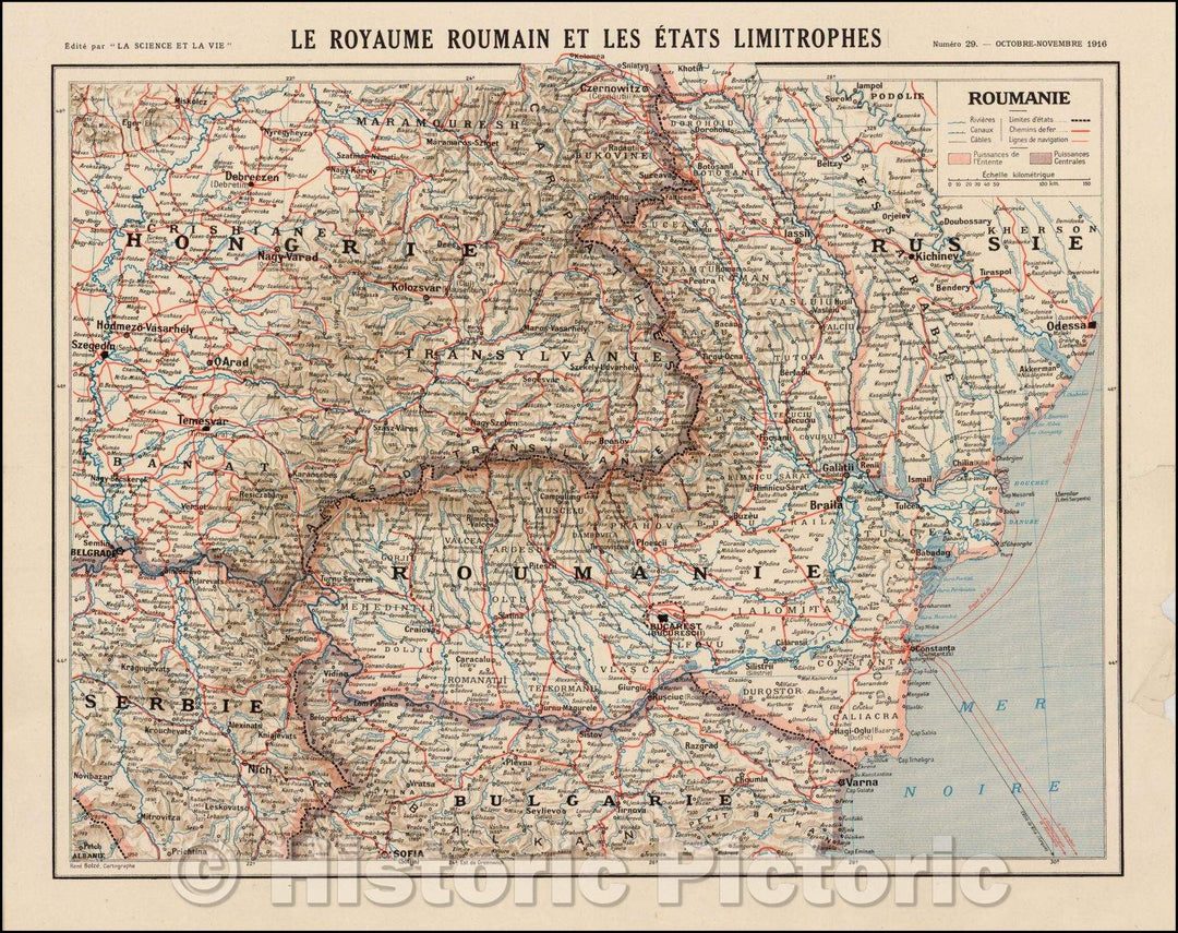 Historic Map - Le Royaume Roumain et Les Etats Limitrophes/Map of Romania and environs, publihsed in La Science et La Vie, in October-Novermber, 1916, 1916, - Vintage Wall Art