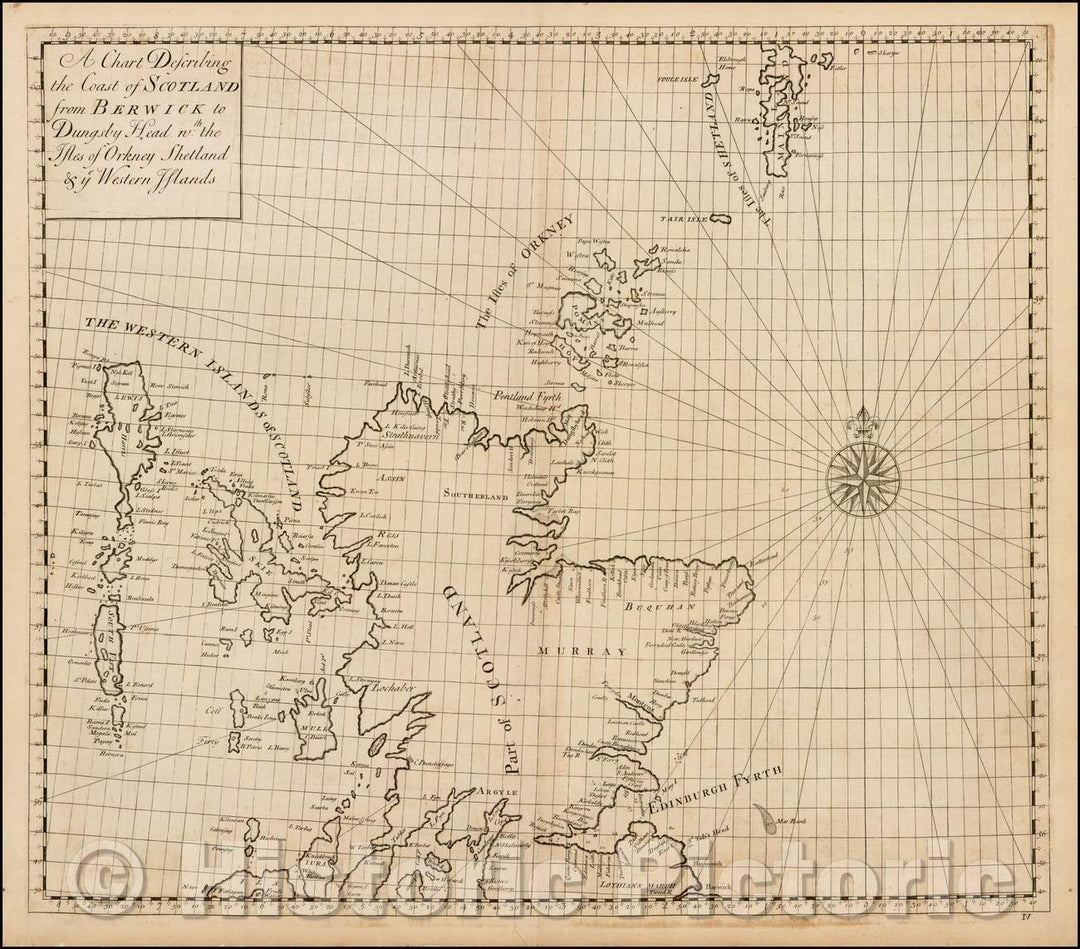 Historic Map - A Chart Describing the Coat of Scotland from Berwick to Dungs, 1728, John Senex - Vintage Wall Art