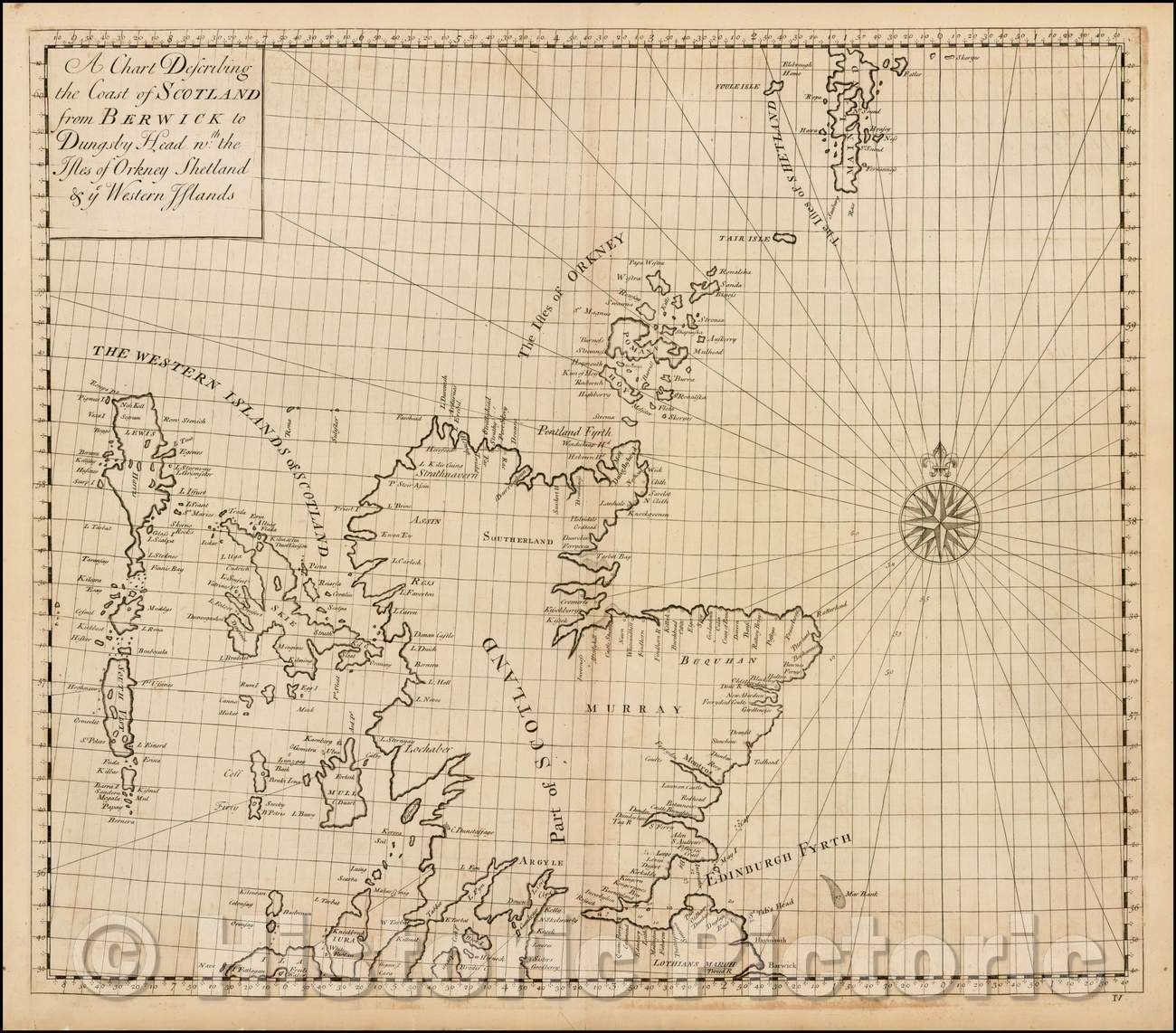 Historic Map - A Chart Describing the Coat of Scotland from Berwick to Dungs, 1728, John Senex - Vintage Wall Art