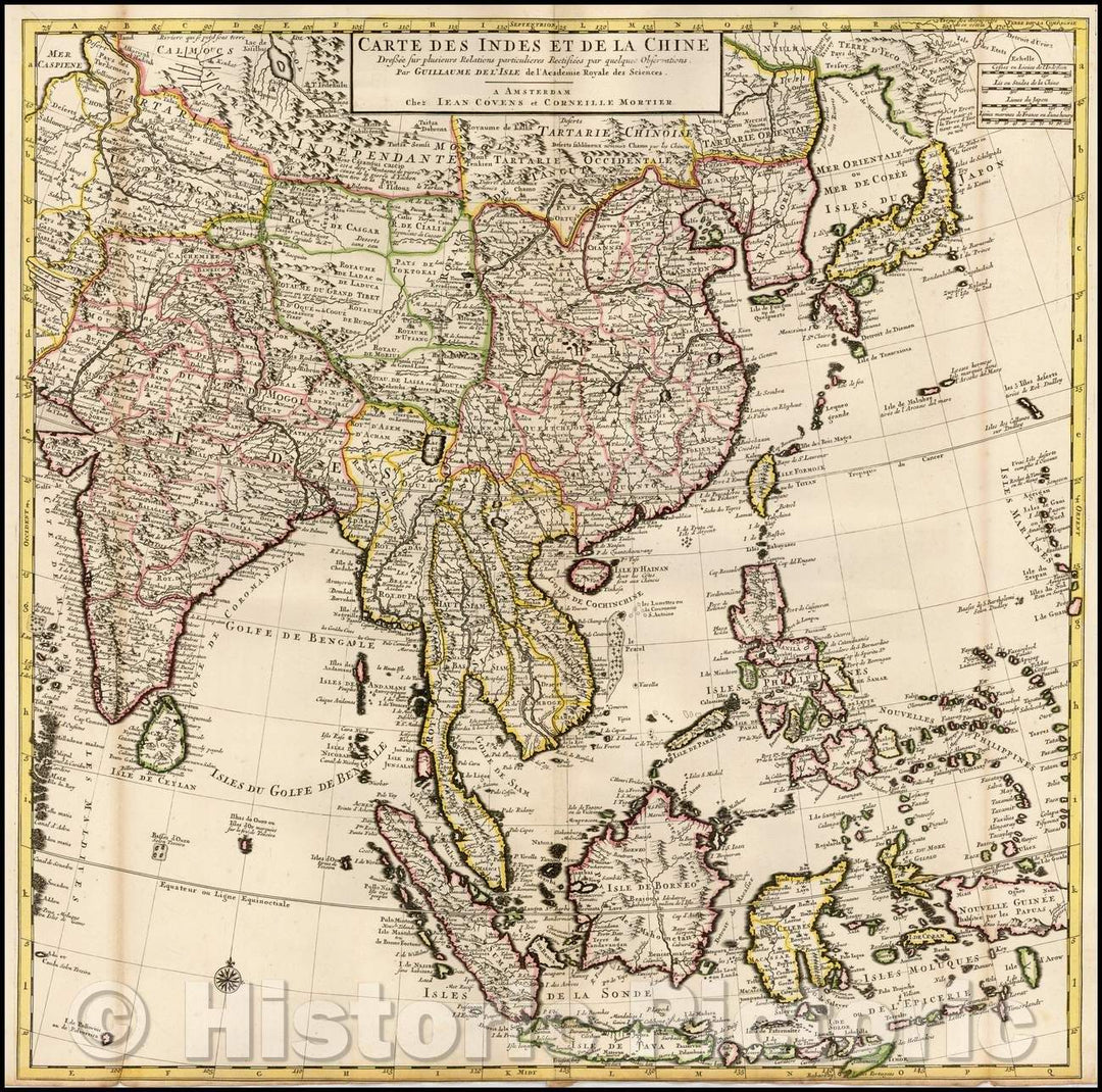 Historic Map - Carte Des Indes et de la Chine Dressee sur plusieurs Relations particulie :: Of India and China raised on several Relations Particular Rectifees, 1720 - Vintage Wall Art