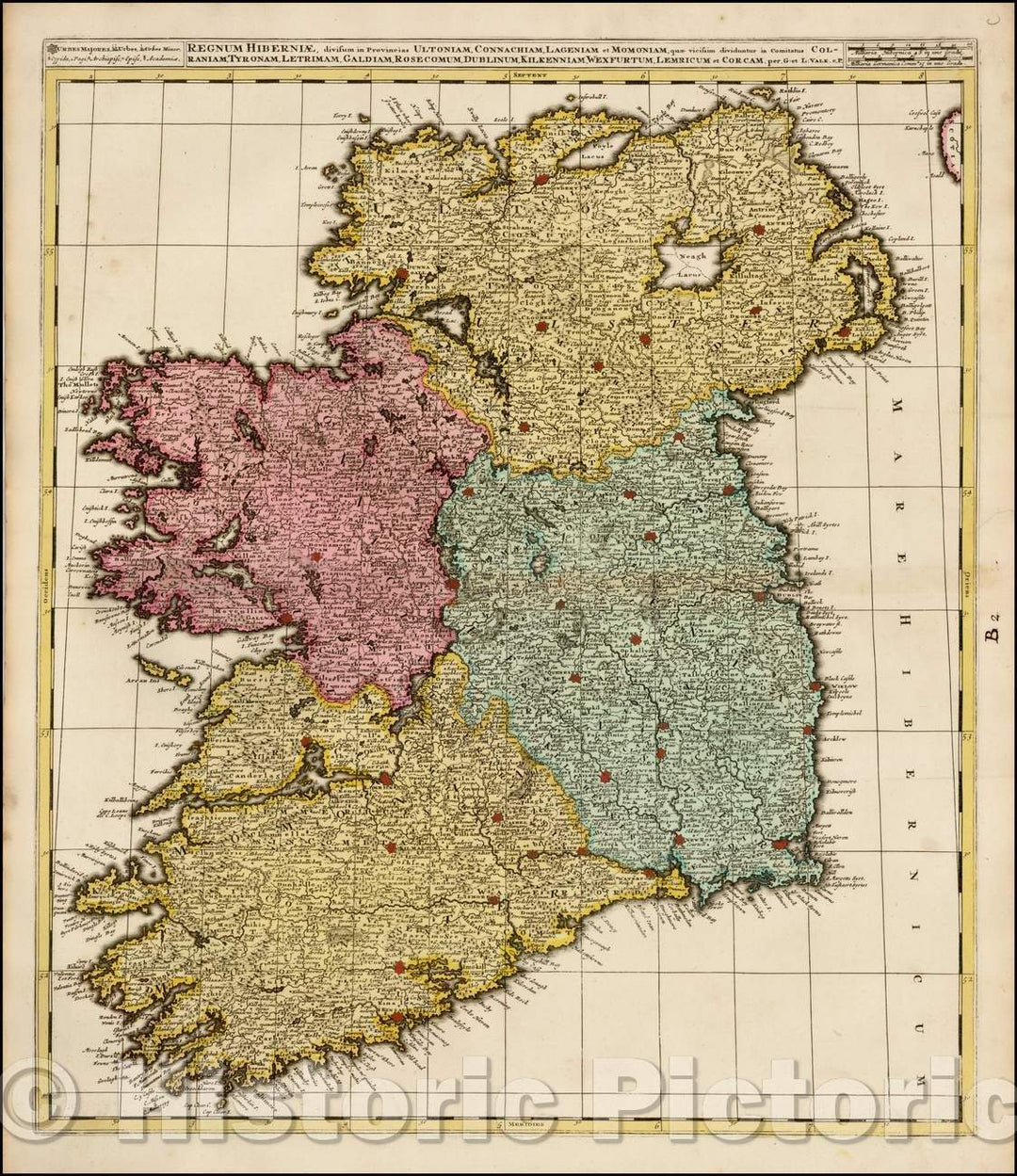 Historic Map - Regnum Hiberniae, divisum in Provincias Ultoniam, Connachiam, Lageniam, et Momoniaem/Map of Ireland, published by Valk, 1710 - Vintage Wall Art