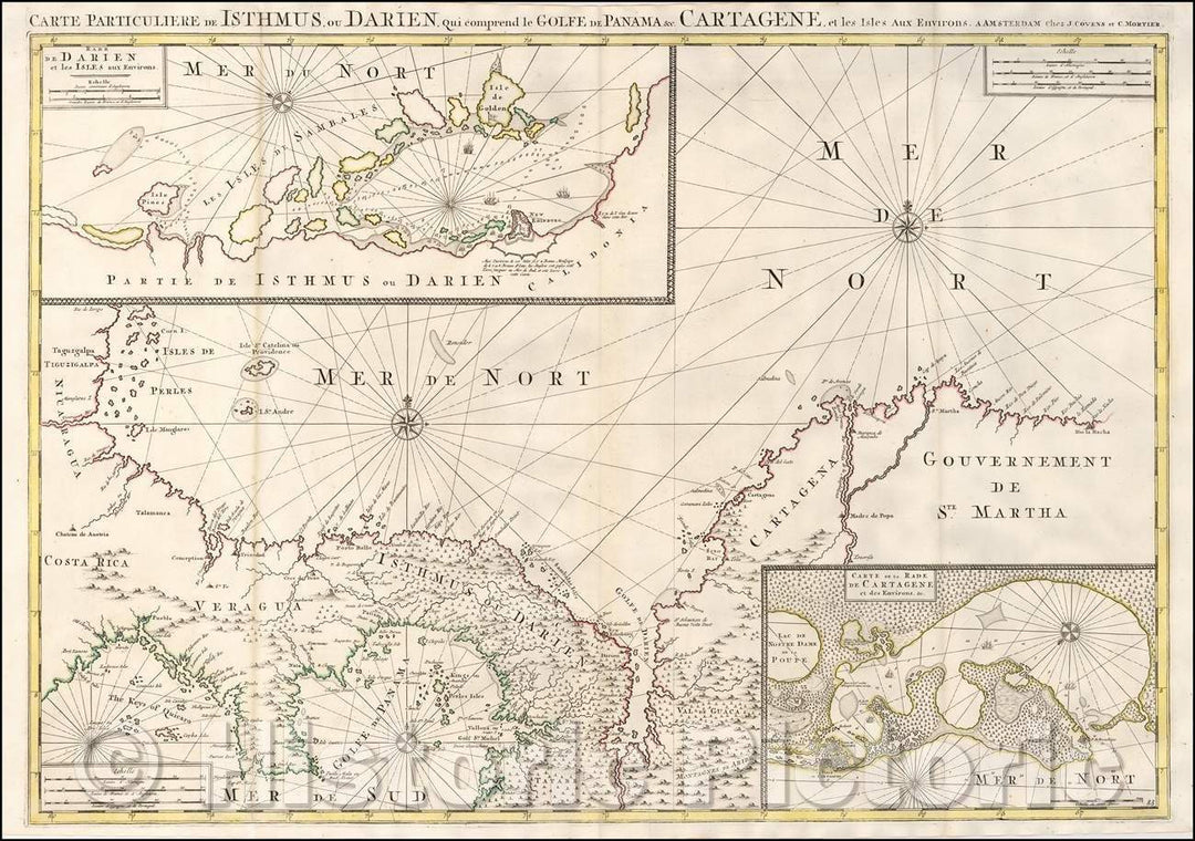 Historic Map - Carte Particuliere de Isthmus ou Darien qui Comprend le Golfe de Panama Cartagena, et les Isles aux Environs, 1720, Johannes Covens - Vintage Wall Art