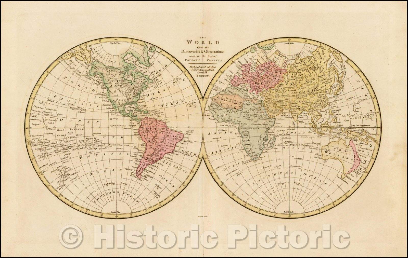 Historic Map - The World from the Discoveries & Observations in the Latest Voyages & Travels, 1817, Robert Wilkinson v2