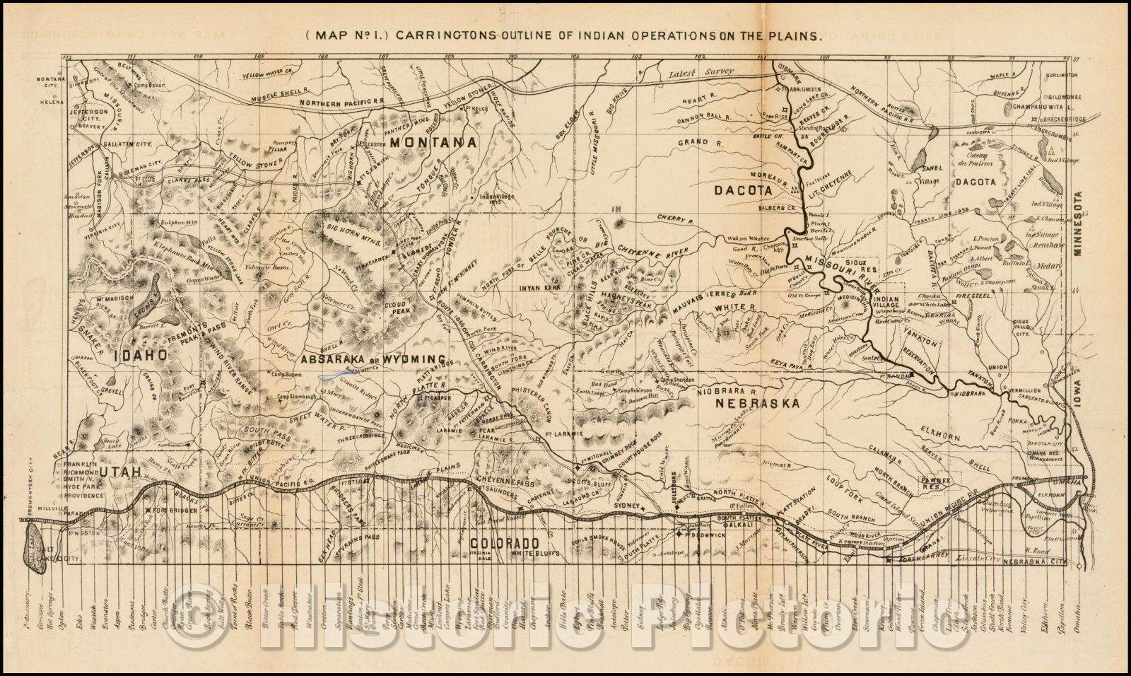 Historic Map - Map No. I, Carringtons Outline of Indian Operations on the Plains, 1884, Henry B. Carrington - Vintage Wall Art