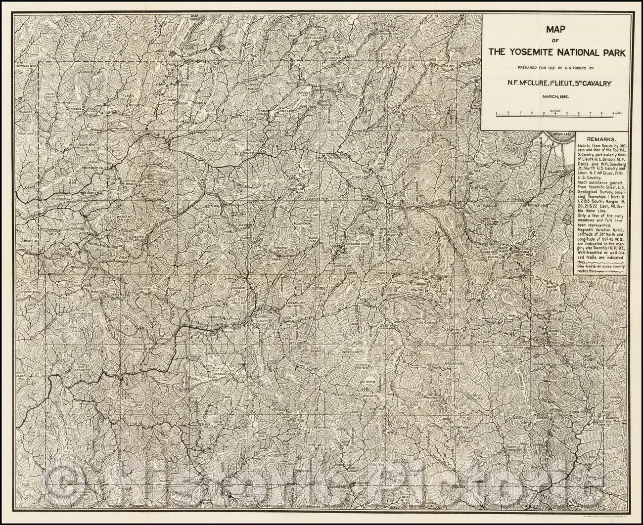 Historic Map - Map of the Yosemite National Park Prepared For Use of U.S. Troops, 1896, U.S. Government v3