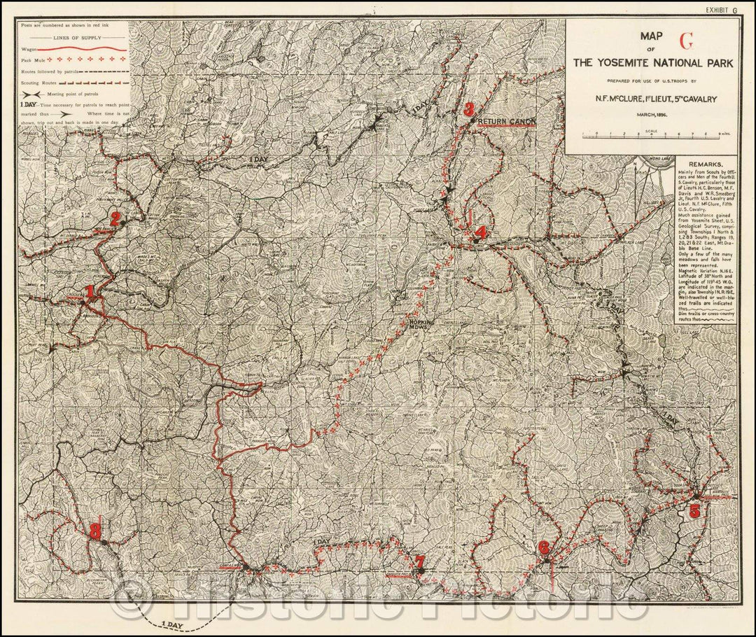 Historic Map - Yosemite: Army Supply Lines, Map of the Yosemite National Park Prepared For Use of U.S. Troops, March 1896, 1896, U.S. Government - Vintage Wall Art