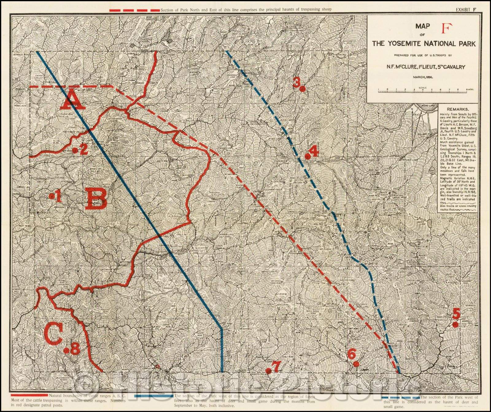 Historic Map - Map of the Yosemite National Park Prepared For Use of U.S. Troops, 1896, U.S. Government v4