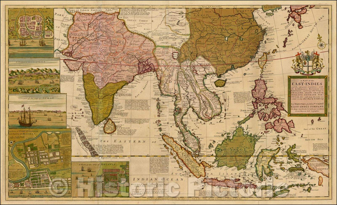 Historic Map - East-Indies and the Adjacent Countries; with the Settlements, Factories and Territories, explaining what Belongs to England, Spain, Franc, 1726 - Vintage Wall Art