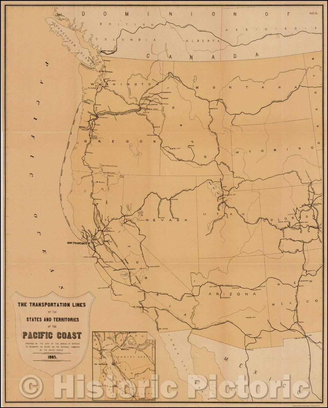 Historic Map - Transmississippi West The Transportation Lines of the States and Territories of the Pacific Coast, 1885, United States Treasury Department - Vintage Wall Art