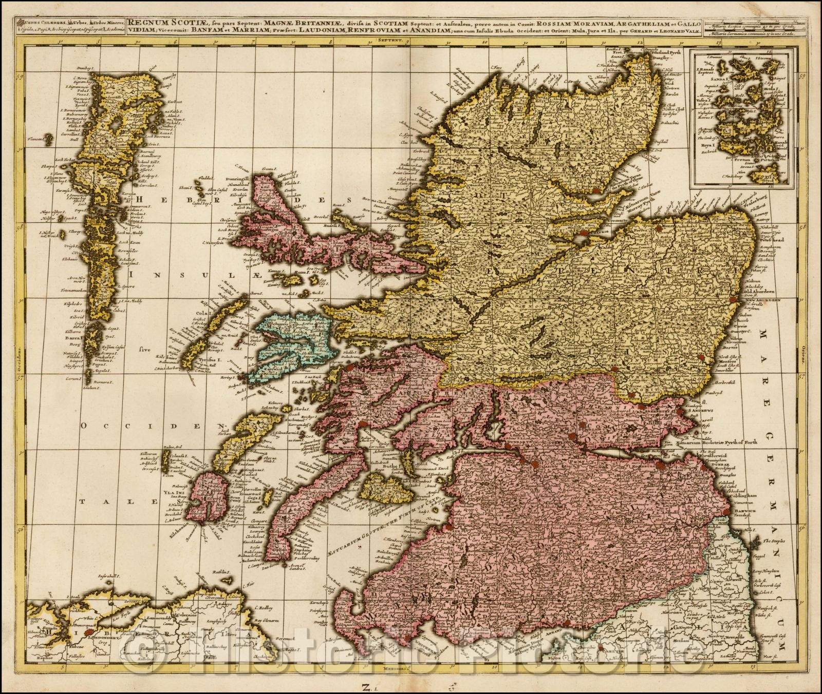 Historic Map - Regnum Scotia, seu pars Septent: Magnae Britanniae, divisa in Scotiam Septent/Map of Scotland, 1710, Gerard & Leonard Valk - Vintage Wall Art