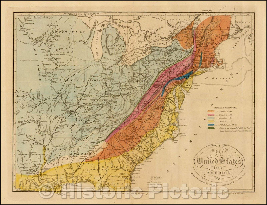 Historic Map - Map of the United States of America. Designed to illustrate the Geological Memoir of Wm. Maclure Esq, 1817, John Melish - Vintage Wall Art