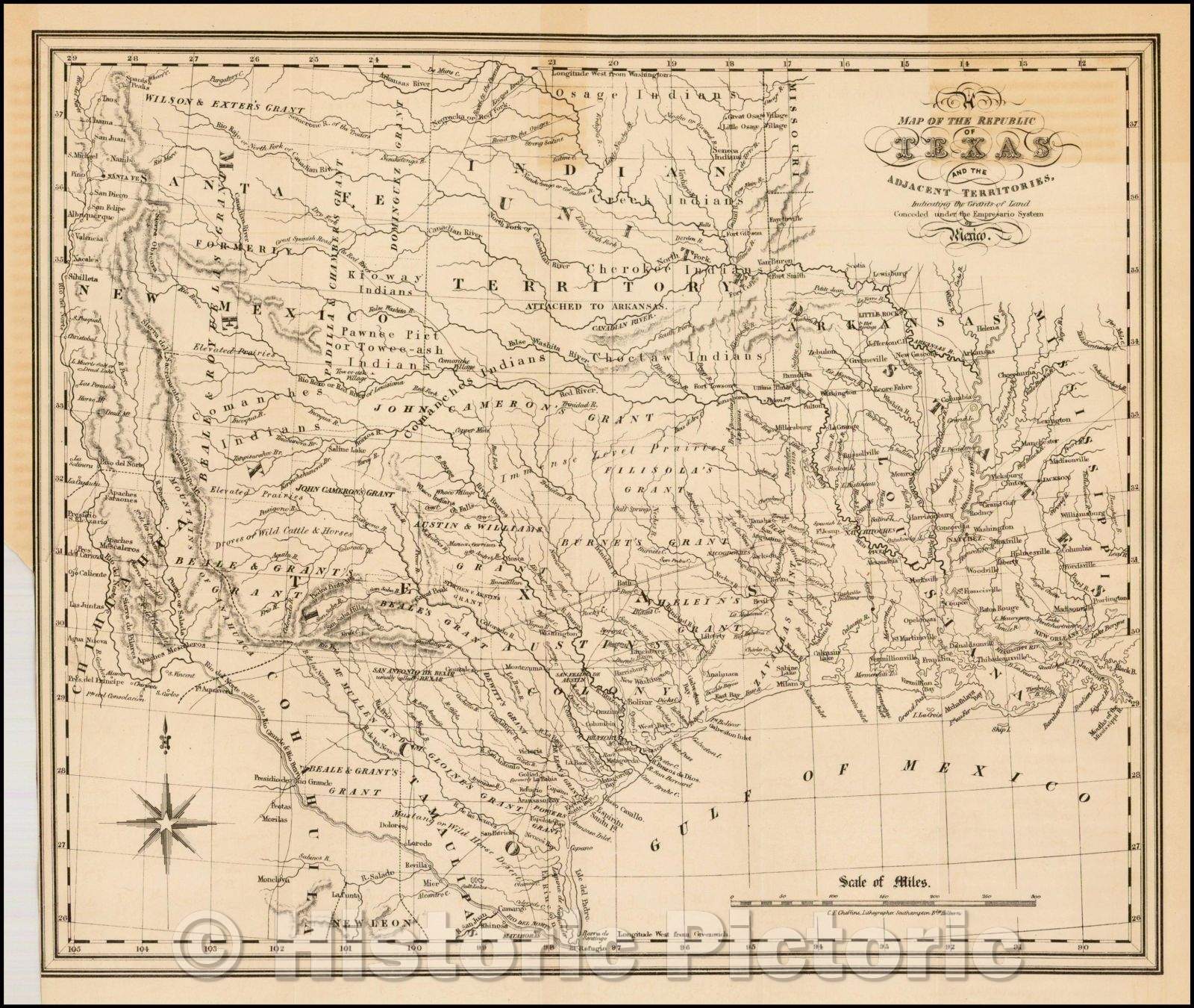 Historic Map - Republic Of Texas And The Adjacent Territories, Indicating The Grants of Land Conceded Under the Empressario System of Mexico, 1841, C.E. Cheffins - Vintage Wall Art