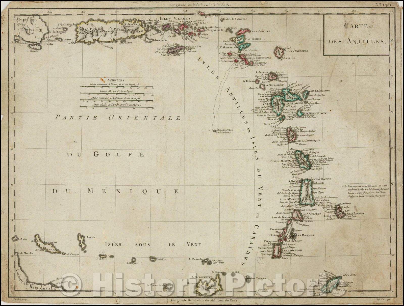 Historic Map - Carte Des Antilles [Puerto Rico and the Virgin Islands to Curacao, Bonair and Aruba], 1784, Pierre Fran?is Tardieu - Vintage Wall Art