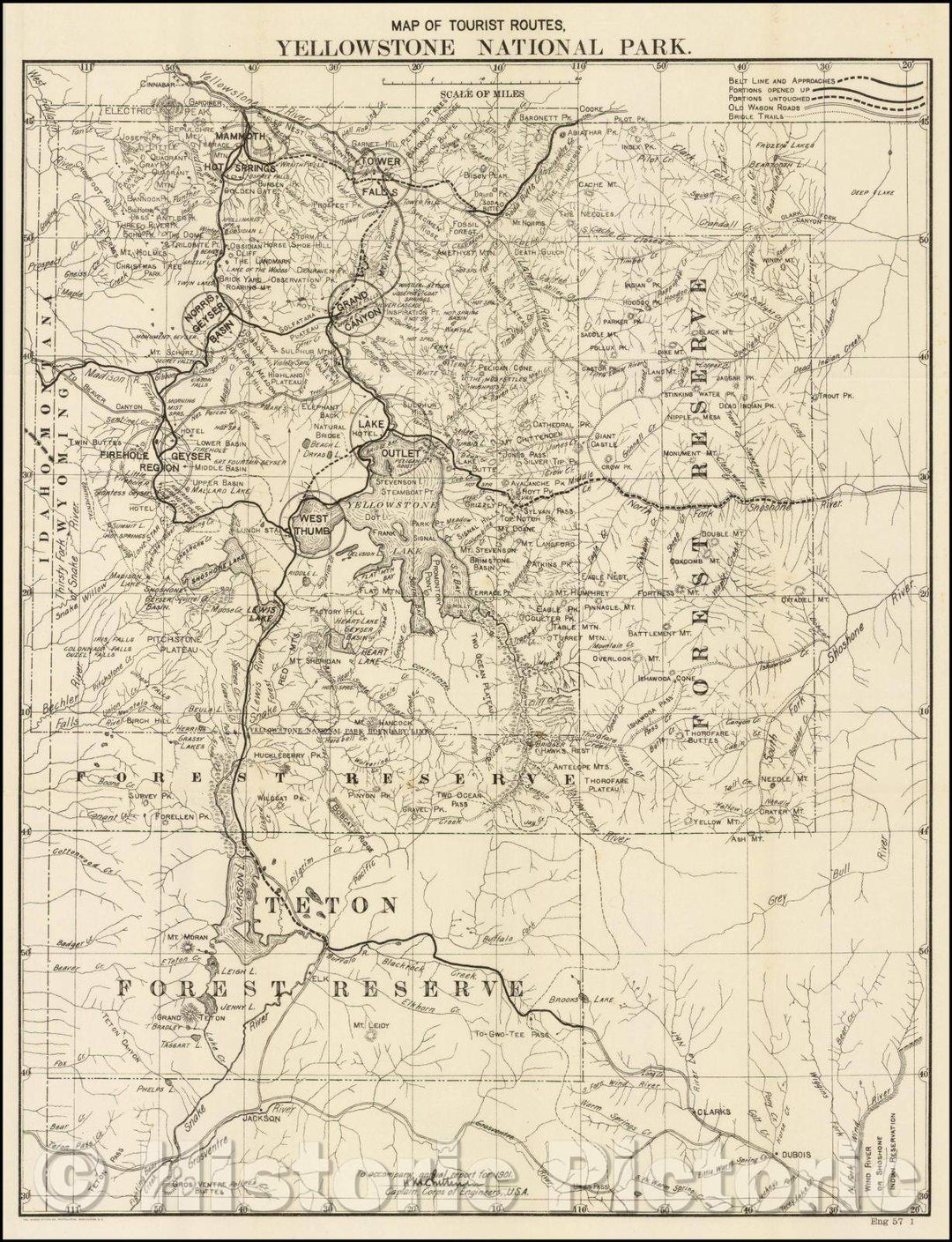 Historic Map - Map of Tourist Routes, Yellowstone National Park, 1902, United States Bureau of Topographical Engineers - Vintage Wall Art