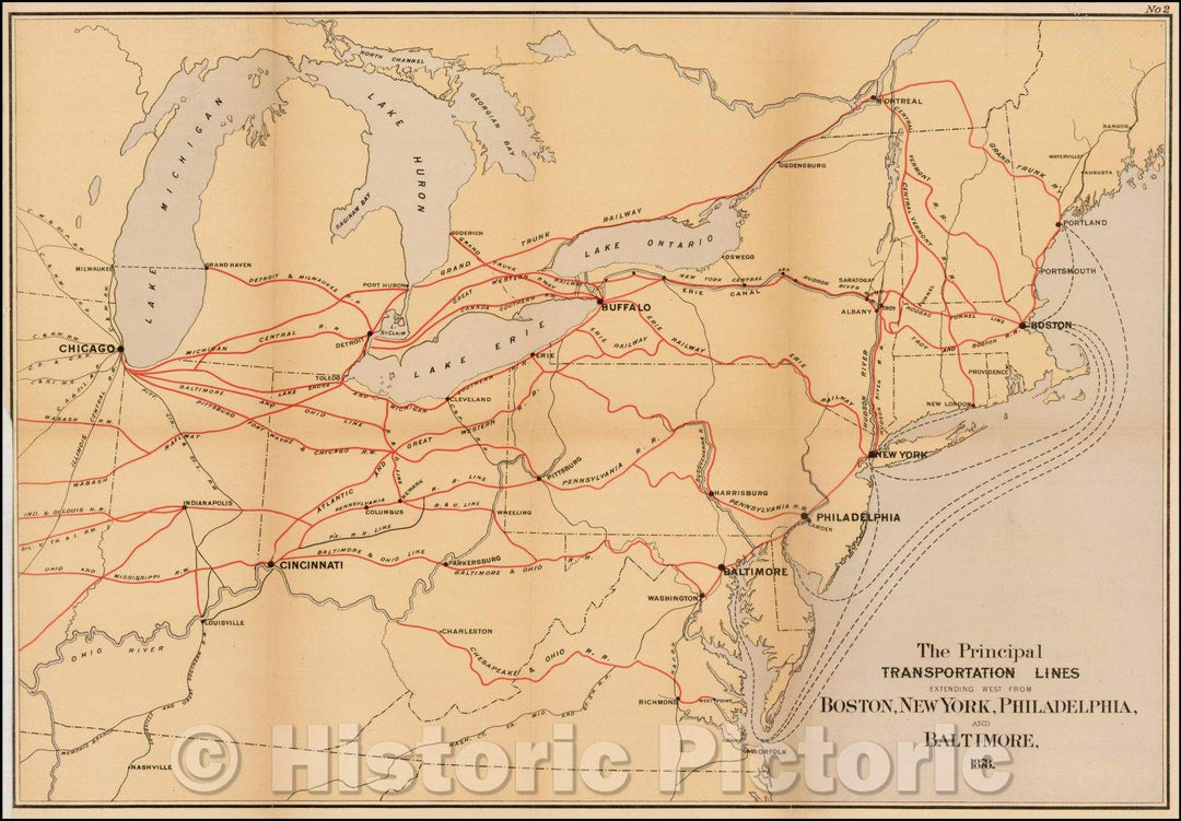 Historic Map - The Principal Transportation Lines Extending West From Boston, New York, Philadelphia and Baltimore, 1881, United States GPO - Vintage Wall Art