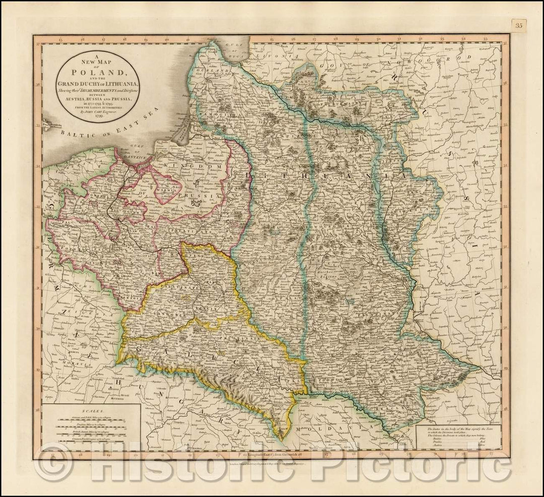 Historic Map - A New Map of Poland, and the Grand Duchy of Lithuania, Shewing their Dismemberments and Divisions Between Austria, Russia and Prussia, 1799 v2