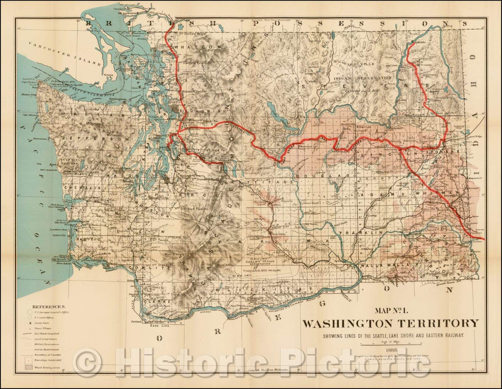 Historic Map - Washington Territory Showing Lines of Seattle, Lake Shore and Eastern Railway, 1888, Flemming, Brewster & Alley - Vintage Wall Art