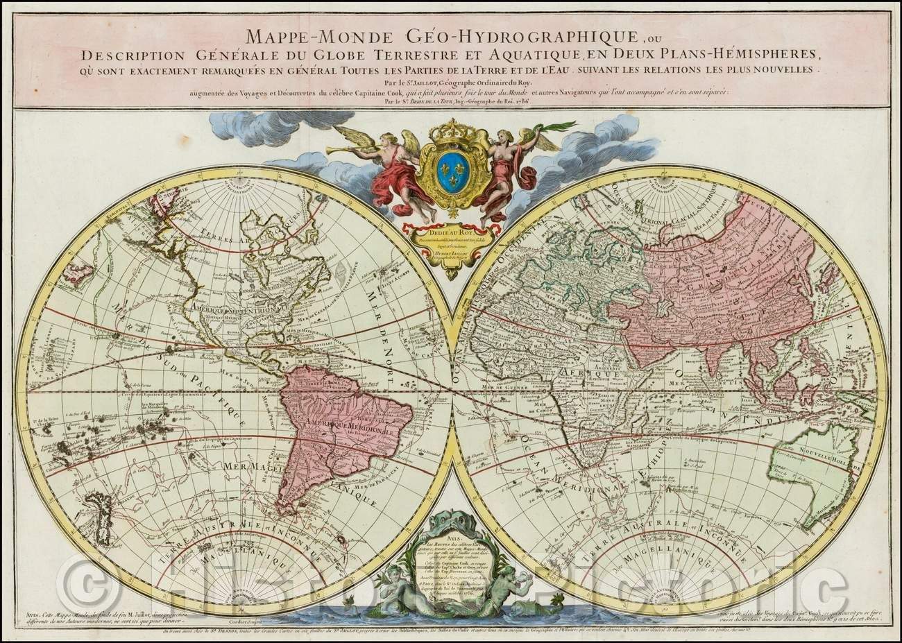 Historic Map - Mappe-Monde Geo-Hydrographique, ou Description Generale/Double hemisphere Map of the World, 1786, Louis Brion de la Tour - Vintage Wall Art