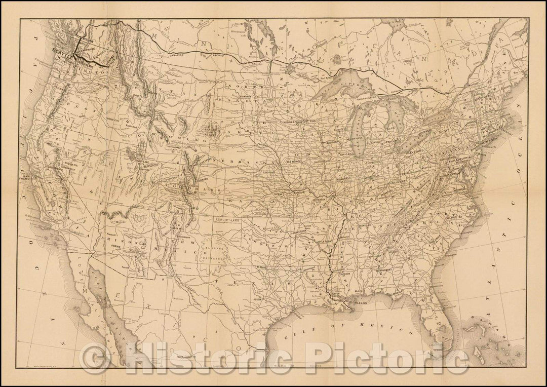 Historic Map - Map of United States, Showing Routes of Seattle, Lake Shore & Eastern Railway and Canadian Pacific Railway, 1888, Flemming, Brewster & Alley - Vintage Wall Art