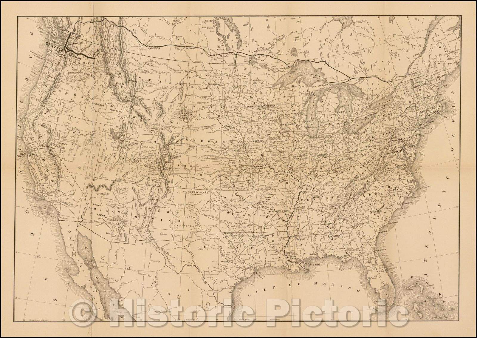 Historic Map - Map of United States, Showing Routes of Seattle, Lake Shore & Eastern Railway and Canadian Pacific Railway, 1888, Flemming, Brewster & Alley - Vintage Wall Art