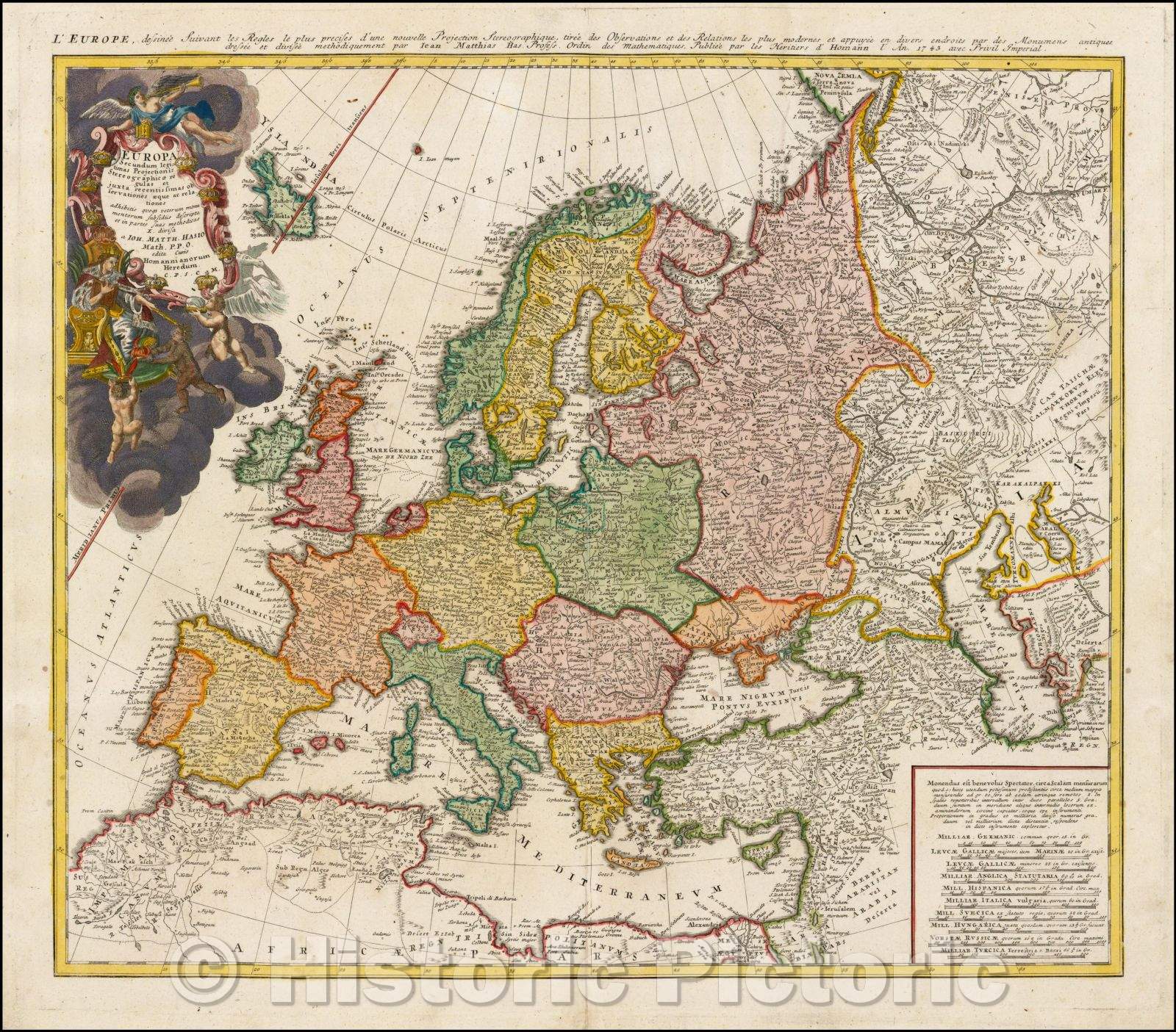 Historic Map - Europa Secundum legitimas Projectionis Stereographicae/Map of Europe, cities, towns, rivers, mtns, lakes, etc, 1743, Johann Matthaus Haas - Vintage Wall Art