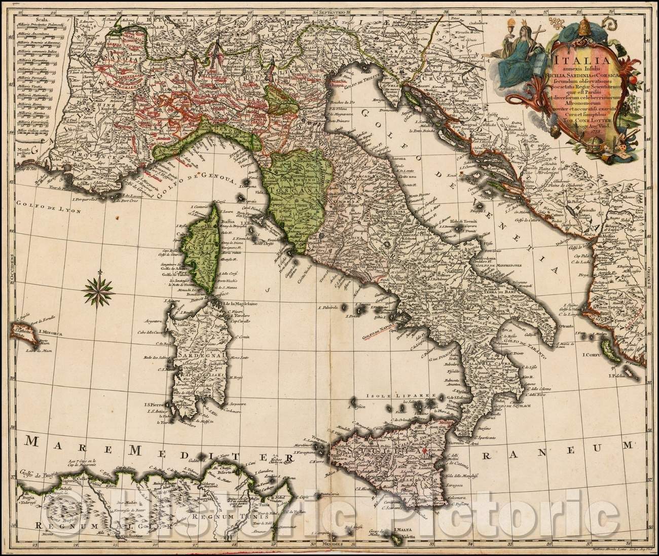 Historic Map - Italia annexis Insulis Sicilia, Sardinia et Corsica secundum observationes Societais Regiae/Map of Italy, published by TC Lotter, 1758 - Vintage Wall Art