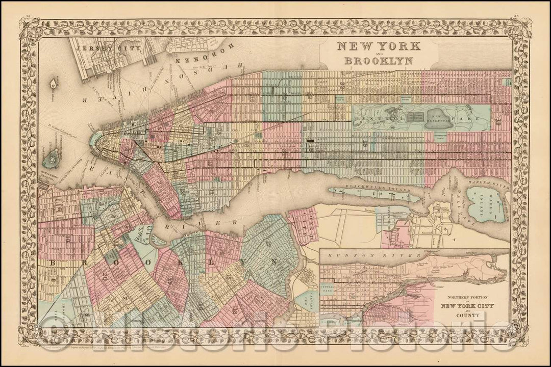 Historic Map - New York and Brooklyn, 1884, Samuel Augustus Mitchell Jr. - Vintage Wall Art