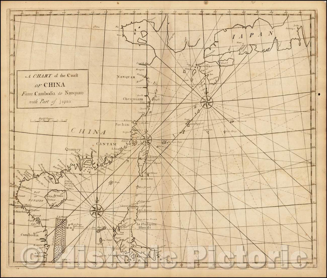 Historic Map - A Chart of the Coast of China From Cambodia to Nanquam with Part of Japan, 1728, John Senex - Vintage Wall Art