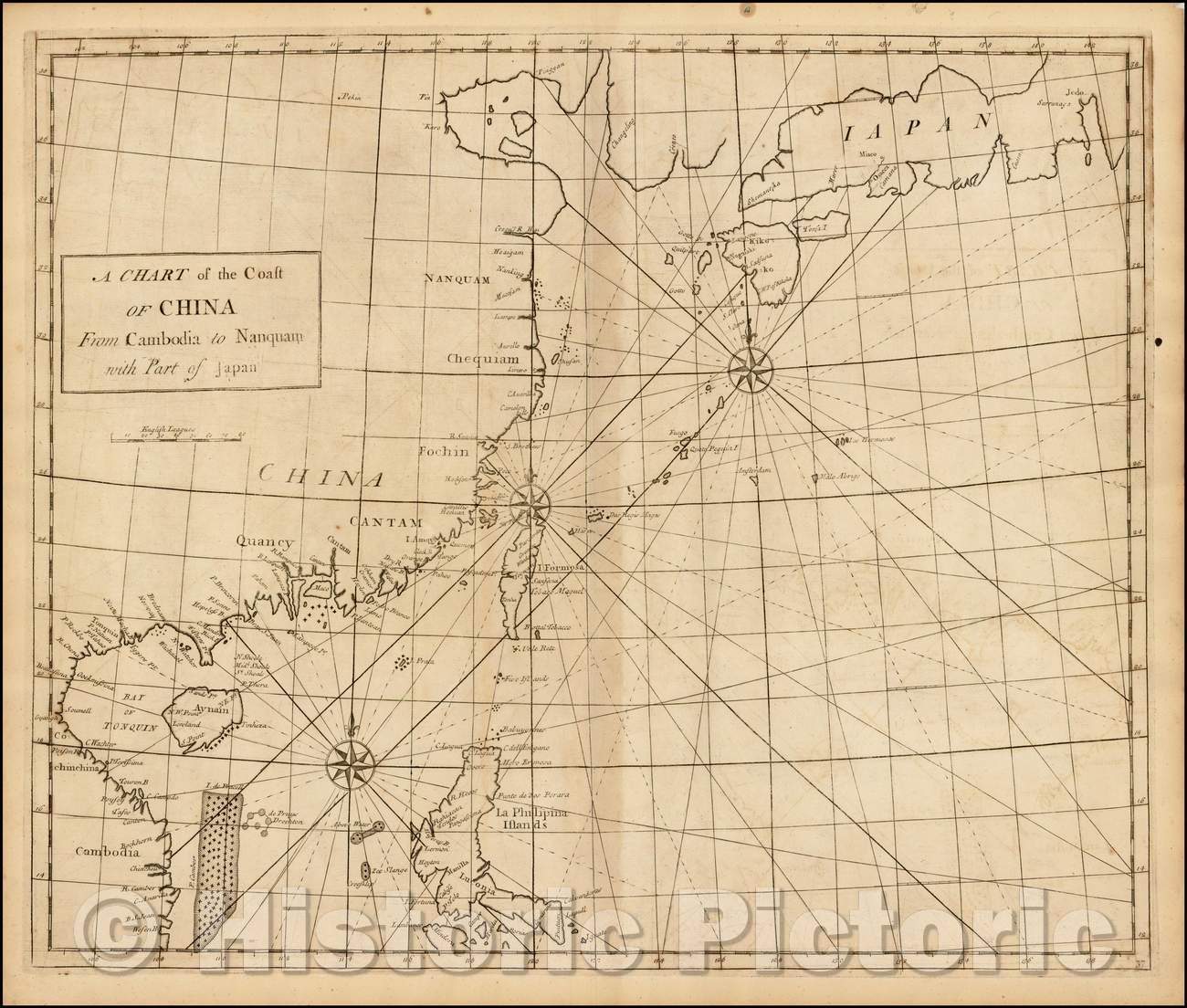 Historic Map - A Chart of the Coast of China From Cambodia to Nanquam with Part of Japan, 1728, John Senex - Vintage Wall Art