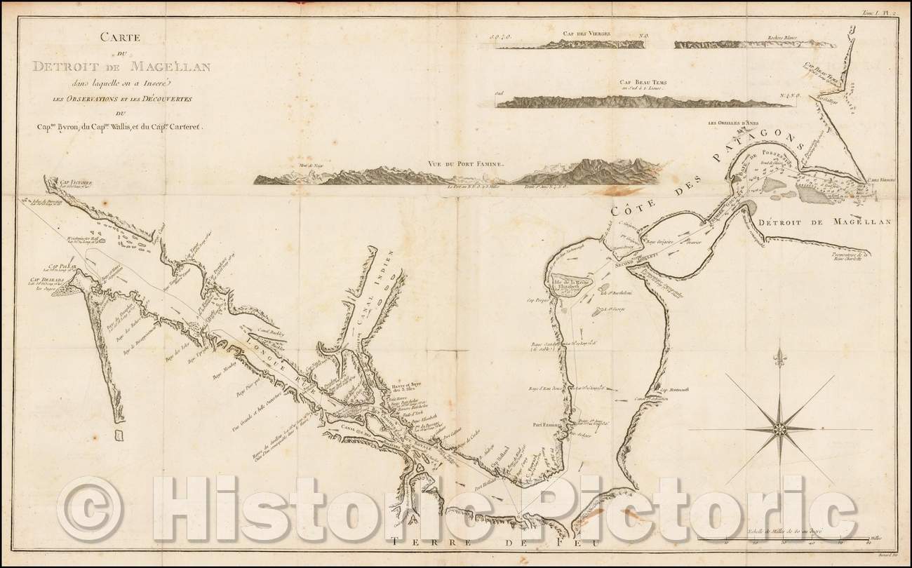 Historic Map - Carte du Detroit de Magellan dans laquelle on a Insere les Observations/Chart of the Straits of Magellan, 1774, James Cook - Vintage Wall Art