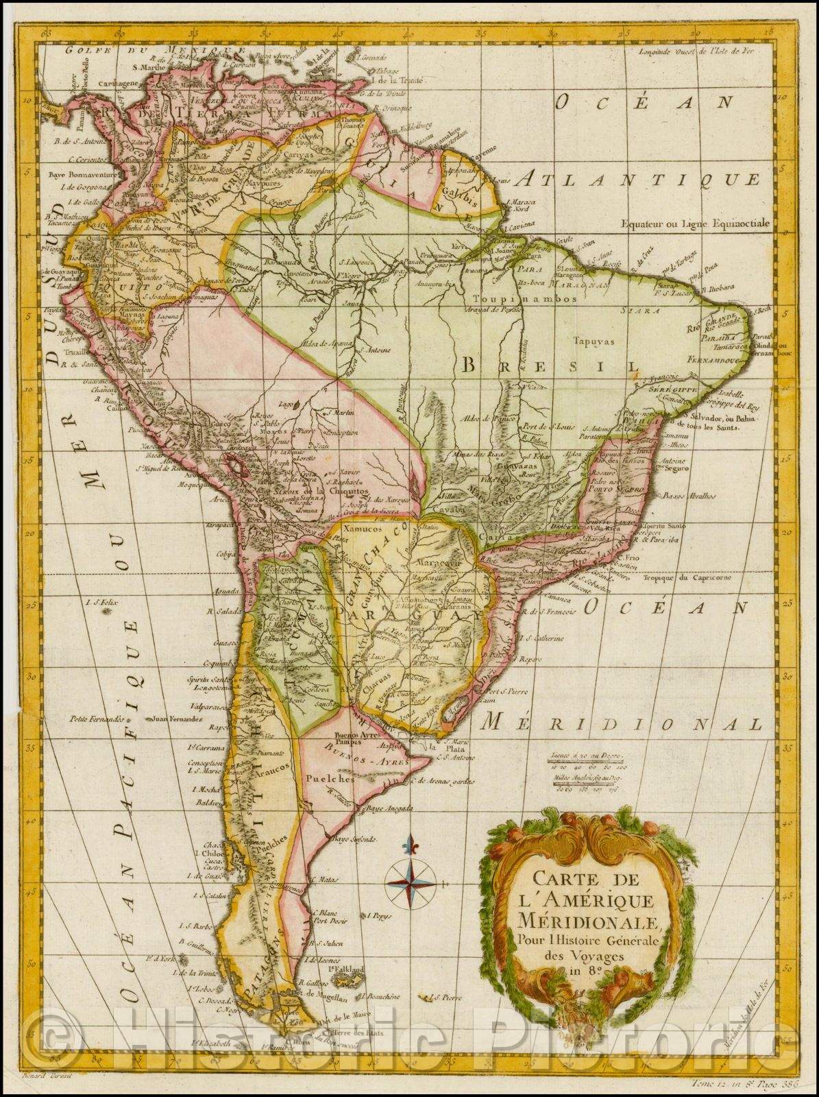 Historic Map - Carte De L'Amerique Meridionale Pour l'Histoire Generale de Voyages in 8o. / Map of South America, 1754, Jacques Nicolas Bellin - Vintage Wall Art