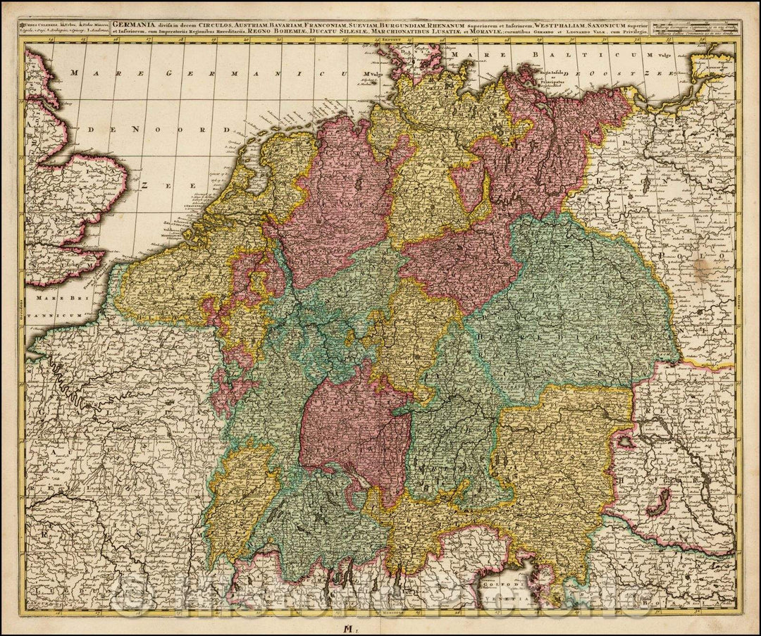 Historic Map - Germania divisa in decem Circulos, Austriam, Bavariam, Franconiam, Sueviam/Map of Germany, Austria, Bohemia, Poland, Moravia, etc, 1710 - Vintage Wall Art