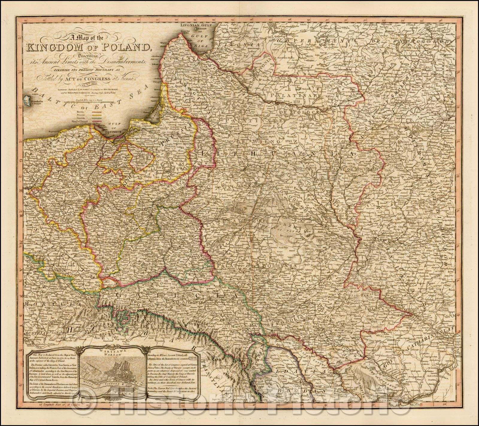 Historic Map - Kingdom of Poland, Describing its Ancient Limits with the Dismemberments; Likewise its Present Boundary as Settled, 1816, William Faden - Vintage Wall Art